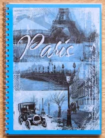 Vintage zápisník Paris I 01 s Eiffelovou věží a pařížskou koláží v modrém tónování