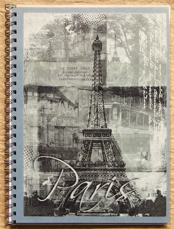 Vintage zápisník Paris I 02 s Eiffelovou věží a pařížskou koláží v šedém tónování